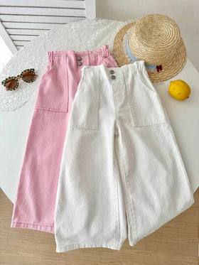 SHEIN قطعتان/طقم بنطلون جينز فضفاض بلون وردي وأبيض للبنات