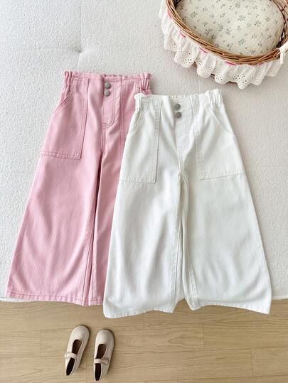 SHEIN قطعتان/طقم بنطلون جينز فضفاض بلون وردي وأبيض للبنات