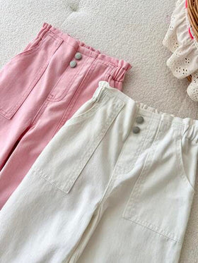 SHEIN قطعتان/طقم بنطلون جينز فضفاض بلون وردي وأبيض للبنات