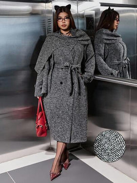 SHEIN EZwear معطف طويل مزدوج الصدر بنمط السمكة للنساء ذوات الحجم الكبير، معطف موضة خريفي/شتوي للنساء بنمط السمكة