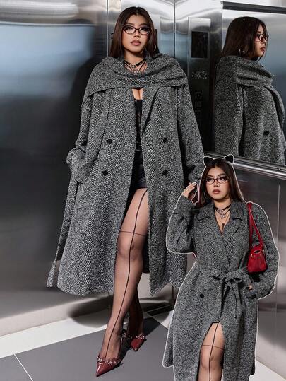 SHEIN EZwear معطف طويل مزدوج الصدر بنمط السمكة للنساء ذوات الحجم الكبير، معطف موضة خريفي/شتوي للنساء بنمط السمكة