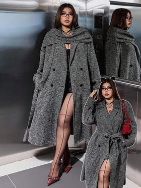 SHEIN EZwear معطف طويل مزدوج الصدر بنمط السمكة للنساء ذوات الحجم الكبير، معطف موضة خريفي/شتوي للنساء بنمط السمكة