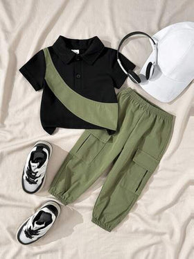 SHEIN Playful Pals مجموعة ملابس لطفل صبي 2 قطعة، بلوزة بولو قصيرة الأكمام ذات لونين وبنطال كارجو أخضر ذو خصر مطاطي، مناسب للخروج والرحلات والاستخدام اليومي، مقاس من 6 أشهر إلى 3-2 سنوات، بنطال كارجو للأولاد وبلوزة بولو سوداء