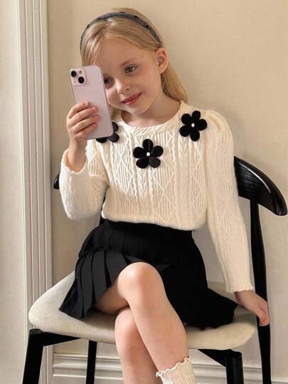 Elladie kids طقم ملابس علوية طويلة الأكمام ذات رقبة دائرية وتنورة مطوية مزينة بالزهور، طقم فتيات مراهقات أنيق وحلو