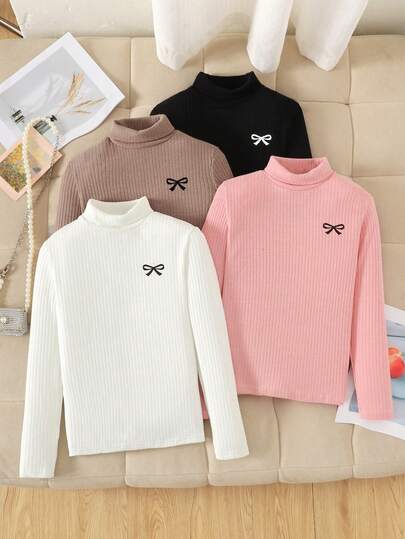 SHEIN قميص كاجوال بياقة عالية وأكمام طويلة مطبوع عليه فيونكة، للفتيات المراهقات