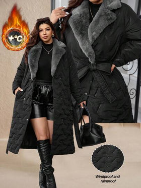 SHEIN Clasi معطف شتوي طويل للنساء، ذو ياقة فرائية وأكمام طويلة وأزرار مزدوجة، كاجوال وطويل للاستخدام اليومي. معطف طويل مبطن للنساء، معطف طويل للنساء، معطف مبطن طويل للنساء، معطف بياقة فرو اصطناعي، معطف بطن طويل. شورت جلد للنساء موديل 2025 خريف وشتاء جديد