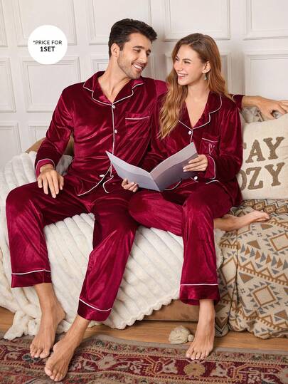 CoupledUp بدلة رجالية من القطيفة ذات لون واحد وأزرار أمامية وأكمام طويلة للارتداء المنزلي، ملابس شتوية