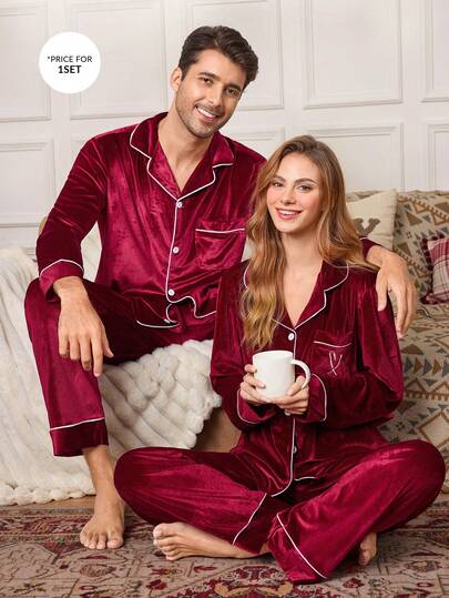 CoupledUp بدلة رجالية من القطيفة ذات لون واحد وأزرار أمامية وأكمام طويلة للارتداء المنزلي، ملابس شتوية