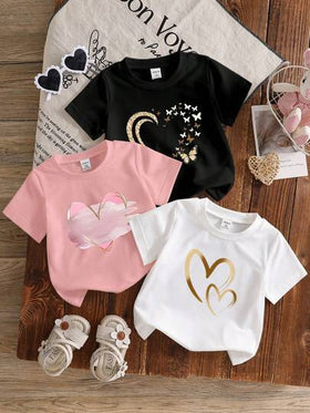 SHEIN 3 قطع/مجموعة بلوزات قطنية قصيرة الأكمام بنقشة قلب بسيطة وجميلة للبنات الصغار، تيشيرتات أساسية، مناسبة للربيع والصيف، مقاس 6 أشهر - 3 سنوات