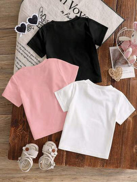 SHEIN 3 قطع/مجموعة بلوزات قطنية قصيرة الأكمام بنقشة قلب بسيطة وجميلة للبنات الصغار، تيشيرتات أساسية، مناسبة للربيع والصيف، مقاس 6 أشهر - 3 سنوات