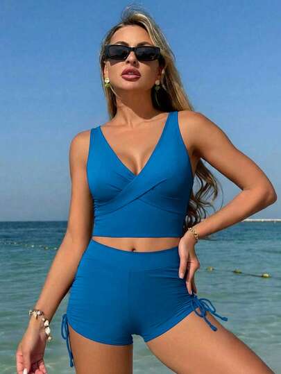 Swim Lushoire مجموعة بيكيني كاجوال للنساء بلون أحادي مع تصميم متقاطع من الأمام