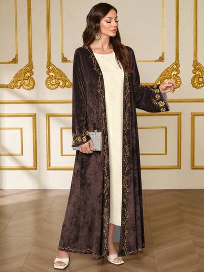 SHEIN Najma رمضان كارديجان نسائي بطبعة زهرية، أكمام طويلة، عباءة أنيقة من الفيلكت، خريف/شتاء