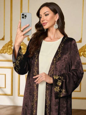 SHEIN Najma رمضان كارديجان نسائي بطبعة زهرية، أكمام طويلة، عباءة أنيقة من الفيلكت، خريف/شتاء