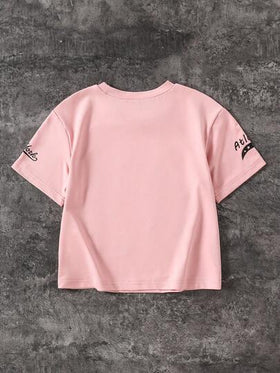 SHEIN Genkimix Kids قميص تي شيرت قصير الأكمام بطباعة أرقام وحروف وردي وأسود، ملابس رياضية كاجوال للبنات، مناسب للربيع/الصيف/الخريف/الشتاء