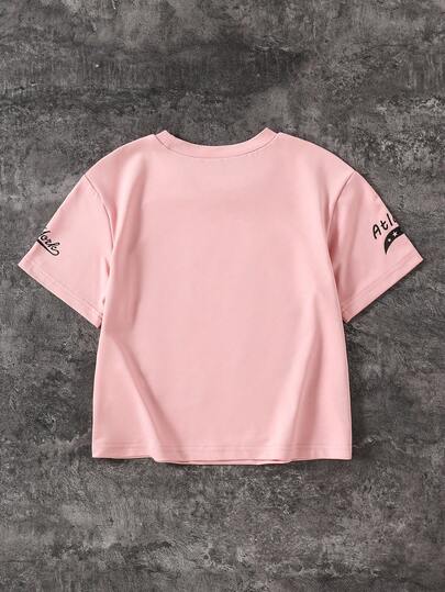 SHEIN Genkimix Kids قميص تي شيرت قصير الأكمام بطباعة أرقام وحروف وردي وأسود، ملابس رياضية كاجوال للبنات، مناسب للربيع/الصيف/الخريف/الشتاء