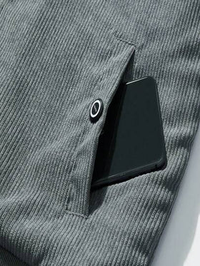 Manfinity Homme جاكيت رجالية طويلة الأكمام مبطنة بالحرارة مصنوعة من قماش الكوردروي مع رقعة حرفية، للخريف والشتاء