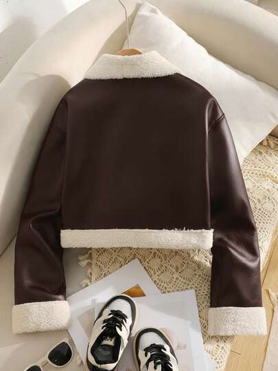 SHEIN معطف/جاكيت قصيرة أكمام طويلة من الفرو الصناعي مع طبقات مركبة من القماش الفليس المبطن بالبولي يوريثان، ذات طوق دراجة نارية وسحاب معدني، طراز شارع عصري للفتيات المراهقات، مناسب للخريف والشتاء