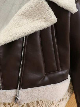 SHEIN معطف/جاكيت قصيرة أكمام طويلة من الفرو الصناعي مع طبقات مركبة من القماش الفليس المبطن بالبولي يوريثان، ذات طوق دراجة نارية وسحاب معدني، طراز شارع عصري للفتيات المراهقات، مناسب للخريف والشتاء
