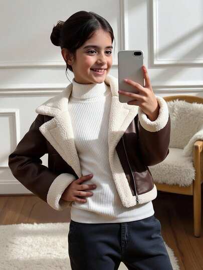 SHEIN معطف/جاكيت قصيرة أكمام طويلة من الفرو الصناعي مع طبقات مركبة من القماش الفليس المبطن بالبولي يوريثان، ذات طوق دراجة نارية وسحاب معدني، طراز شارع عصري للفتيات المراهقات، مناسب للخريف والشتاء
