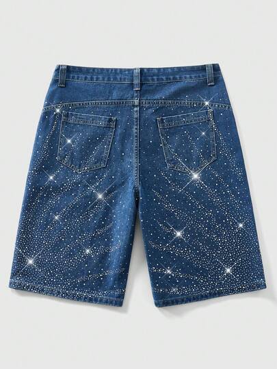 ROMWE MEN شورت جينز أزرق مغسول مرصع بالراين للرجال