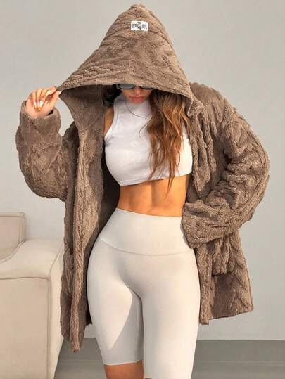 SHEIN EZwear معطف أبيض فضفاض وكاجوال مبطن بالفرو مع جيوب وأكمام طويلة مزود بقلنسوة