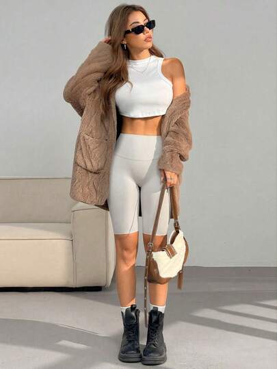 SHEIN EZwear معطف أبيض فضفاض وكاجوال مبطن بالفرو مع جيوب وأكمام طويلة مزود بقلنسوة