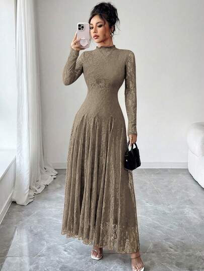 Modelyn رمضان فستان نسائي بياقة عالية وخصر مشدود بالدانتيل باللون الأحمر