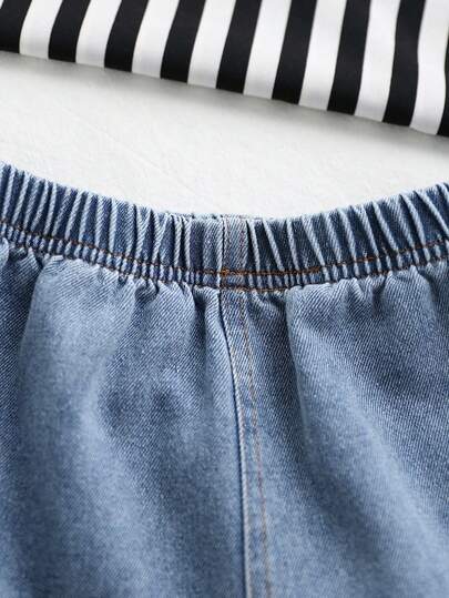 SHEIN 3 قطع قميص جينز أمريكي كلاسيكي بتصميم فضفاض + تي شيرت أبيض نقي بأكمام قصيرة + شورت جينز كاجوال. مناسب للارتداء اليومي، المدرسة، الخروج، الرياضة الخارجية، السفر، رحلات الربيع، معسكر الصيف، العطلات وغيرها من المناسبات