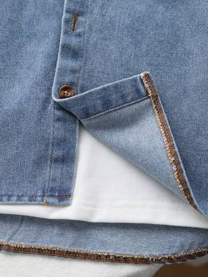 SHEIN 3 قطع قميص جينز أمريكي كلاسيكي بتصميم فضفاض + تي شيرت أبيض نقي بأكمام قصيرة + شورت جينز كاجوال. مناسب للارتداء اليومي، المدرسة، الخروج، الرياضة الخارجية، السفر، رحلات الربيع، معسكر الصيف، العطلات وغيرها من المناسبات