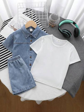 SHEIN 3 قطع قميص جينز أمريكي كلاسيكي بتصميم فضفاض + تي شيرت أبيض نقي بأكمام قصيرة + شورت جينز كاجوال. مناسب للارتداء اليومي، المدرسة، الخروج، الرياضة الخارجية، السفر، رحلات الربيع، معسكر الصيف، العطلات وغيرها من المناسبات
