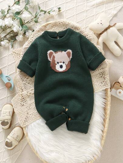 SHEIN Vintaside Kids رومبير رضيع/طفل صبي جميلة وعملية مصنوعة من نسيج جاكار مطبوع بالدب