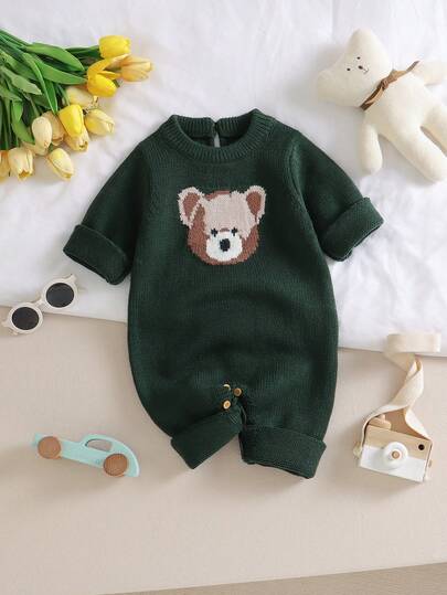 SHEIN Vintaside Kids رومبير رضيع/طفل صبي جميلة وعملية مصنوعة من نسيج جاكار مطبوع بالدب