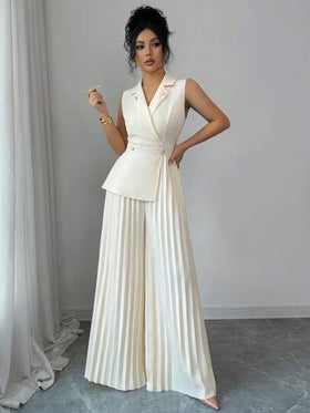 SHEIN Elenzya جمبسوت نسائية بياقة ماندرين وخصر مشدود من قماش مطاطي بأربع اتجاهات، بدون أكمام، إطلالة أنيقة ومحترفة مناسبة للمعلمات، هدية عيد ميلاد، موعد، حفلة، اليوم الوطني، قصة فضفاضة
