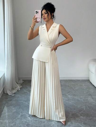 SHEIN Elenzya جمبسوت نسائية بياقة ماندرين وخصر مشدود من قماش مطاطي بأربع اتجاهات، بدون أكمام، إطلالة أنيقة ومحترفة مناسبة للمعلمات، هدية عيد ميلاد، موعد، حفلة، اليوم الوطني، قصة فضفاضة