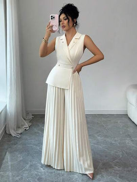 SHEIN Elenzya جمبسوت نسائية بياقة ماندرين وخصر مشدود من قماش مطاطي بأربع اتجاهات، بدون أكمام، إطلالة أنيقة ومحترفة مناسبة للمعلمات، هدية عيد ميلاد، موعد، حفلة، اليوم الوطني، قصة فضفاضة