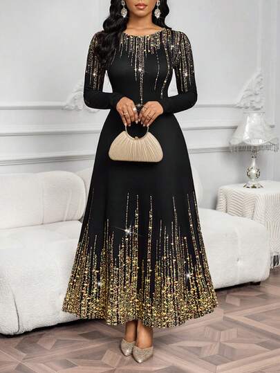 SHEIN Lady فستان بخصر مضبوط وأكمام طويلة للحفلات والتجمعات