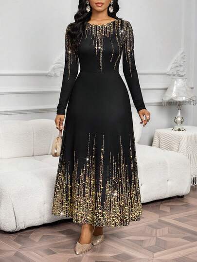 SHEIN Lady فستان بخصر مضبوط وأكمام طويلة للحفلات والتجمعات