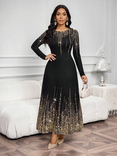 SHEIN Lady فستان بخصر مضبوط وأكمام طويلة للحفلات والتجمعات
