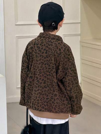 Dazy Kids بلوزة بياقة بولو فضفاضة مطبوعة بنمر للأولاد المراهقين، خريفية