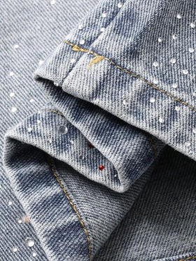 DAZY بنطلون جينز رجالي أزرق مغسول بتصميم خياطة متباينة وتصميم بريق للشارع في فصل الخريف