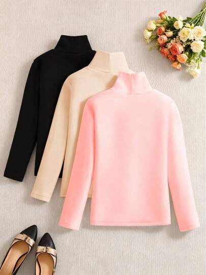 SHEIN 3 قطع/مجموعة قمصان تي شيرت كاجوال بطبعة قطة للفتيات المراهقات بياقة عالية وأكمام طويلة مبطنة حراريًا