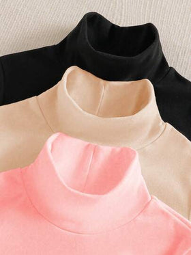 SHEIN 3 قطع/مجموعة قمصان تي شيرت كاجوال بطبعة قطة للفتيات المراهقات بياقة عالية وأكمام طويلة مبطنة حراريًا