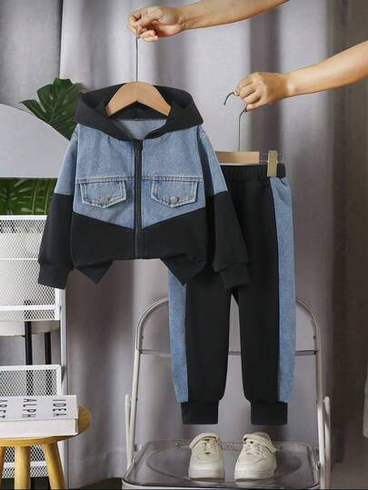 SHEIN Streecool Kids طقم بنطلون وجاكيت دنيم بنمط رجعي للأولاد من عمر 4-7 سنوات، جاكيت بسحاب وقلنسوة، بنطلون بخصر مطاطي، مجموعة من قطعتين، مناسب للخريف والشتاء