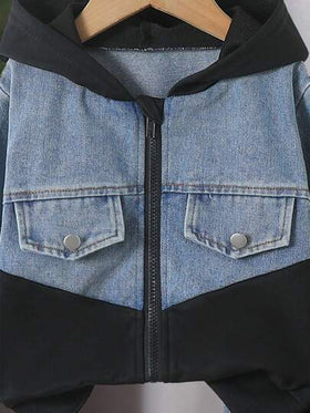 SHEIN Streecool Kids طقم بنطلون وجاكيت دنيم بنمط رجعي للأولاد من عمر 4-7 سنوات، جاكيت بسحاب وقلنسوة، بنطلون بخصر مطاطي، مجموعة من قطعتين، مناسب للخريف والشتاء