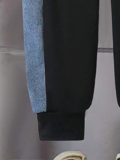 SHEIN Streecool Kids طقم بنطلون وجاكيت دنيم بنمط رجعي للأولاد من عمر 4-7 سنوات، جاكيت بسحاب وقلنسوة، بنطلون بخصر مطاطي، مجموعة من قطعتين، مناسب للخريف والشتاء
