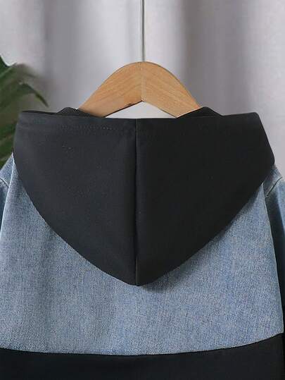 SHEIN Streecool Kids طقم بنطلون وجاكيت دنيم بنمط رجعي للأولاد من عمر 4-7 سنوات، جاكيت بسحاب وقلنسوة، بنطلون بخصر مطاطي، مجموعة من قطعتين، مناسب للخريف والشتاء