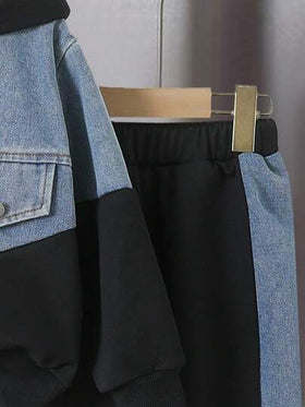 SHEIN Streecool Kids طقم بنطلون وجاكيت دنيم بنمط رجعي للأولاد من عمر 4-7 سنوات، جاكيت بسحاب وقلنسوة، بنطلون بخصر مطاطي، مجموعة من قطعتين، مناسب للخريف والشتاء