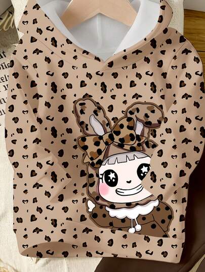 SHEIN Playful Pals مجموعة من قطعتين للفتيات الصغيرات، تتكون من هوديي وبنطلون رياضي، بتصميم عصري وجذاب مزين برسومات الفهد والأرنب، قطع ملابس مريحة ودافئة