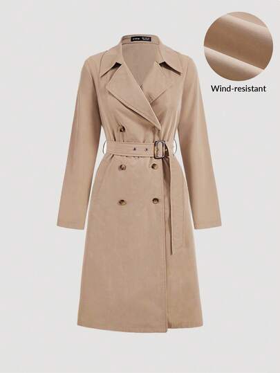 SHEIN MOD معطف خندق نسائي أكمام طويلة خصر كاكي كلاسيكي، شتوي، رأس السنة الجديدة