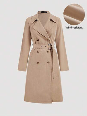 SHEIN MOD معطف خندق نسائي أكمام طويلة خصر كاكي كلاسيكي، شتوي، رأس السنة الجديدة
